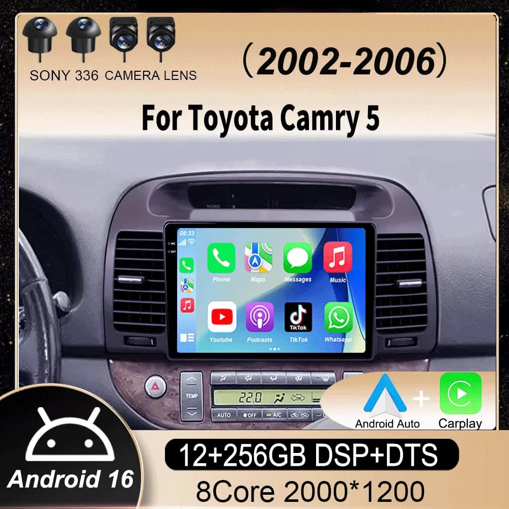 Autoradio Android 16 Carplay per Toyota Camry 5 2002 2003 2004 2005 2006 Lettore Multimediale Video GPS Navigazione 2 Din DVD Stereo