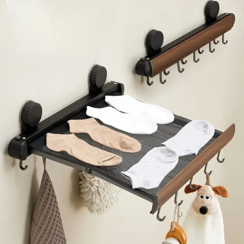 Walnut-coloured suction cup balcony shoe rack with window wall mount and hooks for drying pillows and socks – no punch