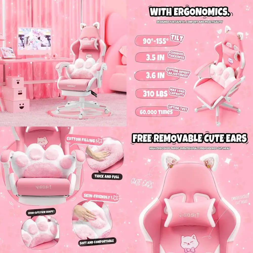 Sedia da gaming rosa con orecchie da gatto per ragazze, supporta fino a 140 kg, altezza regolabile e supporto lombare