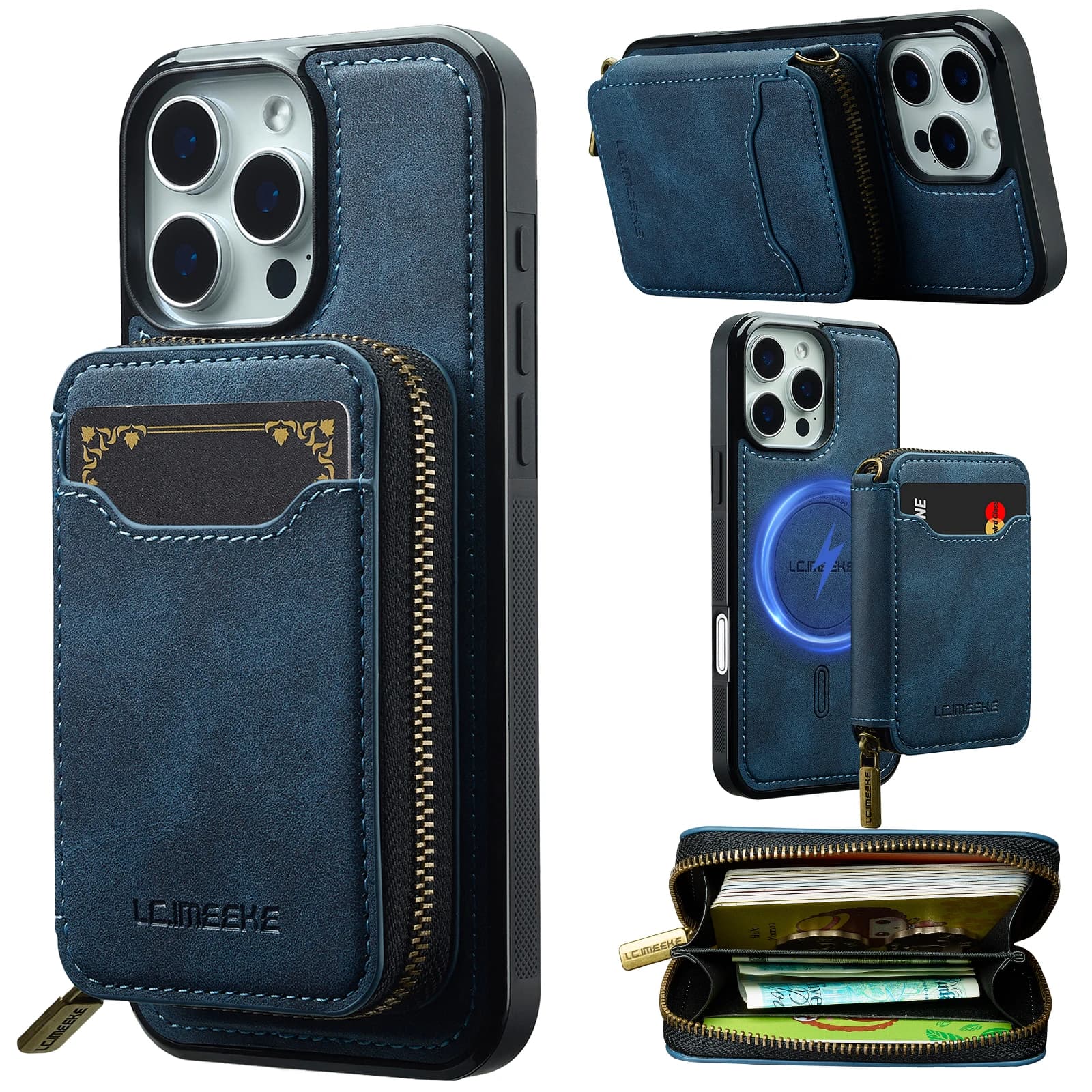 Custodia in pelle a portafoglio con cerniera magnetica staccabile 2 in 1 per iPhone 17 Pro Max 16 Plus 15 14 13 12 11 Custodia per borsa