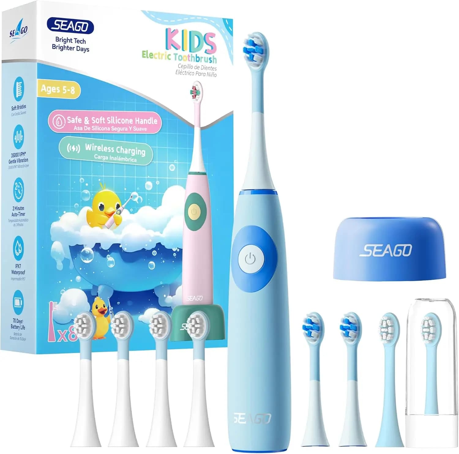 Spazzolino elettrico per bambini dai 5 agli 8 anni con testine morbide, timer, impermeabile, batteria ricaricabile (blu)