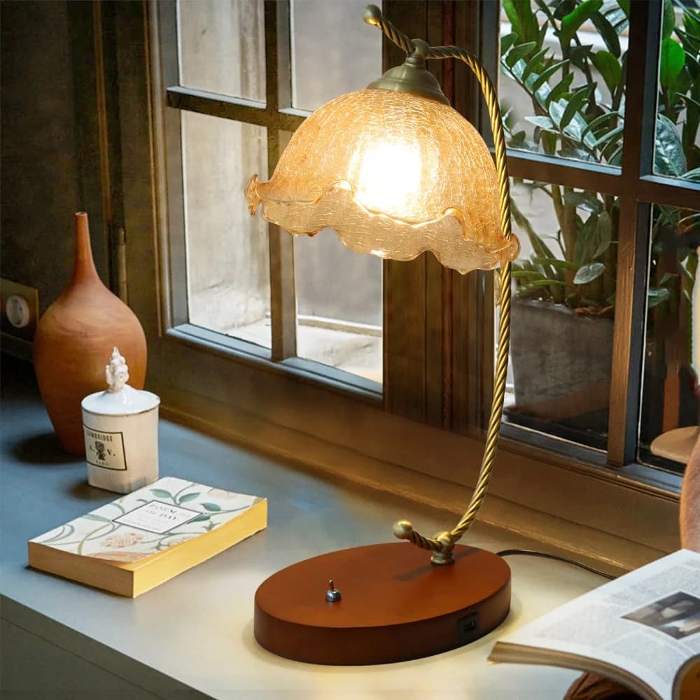 Mid-Century Bedside Table Lamp Modern Glass Flower Desk Lamp Gold Reading Lamp