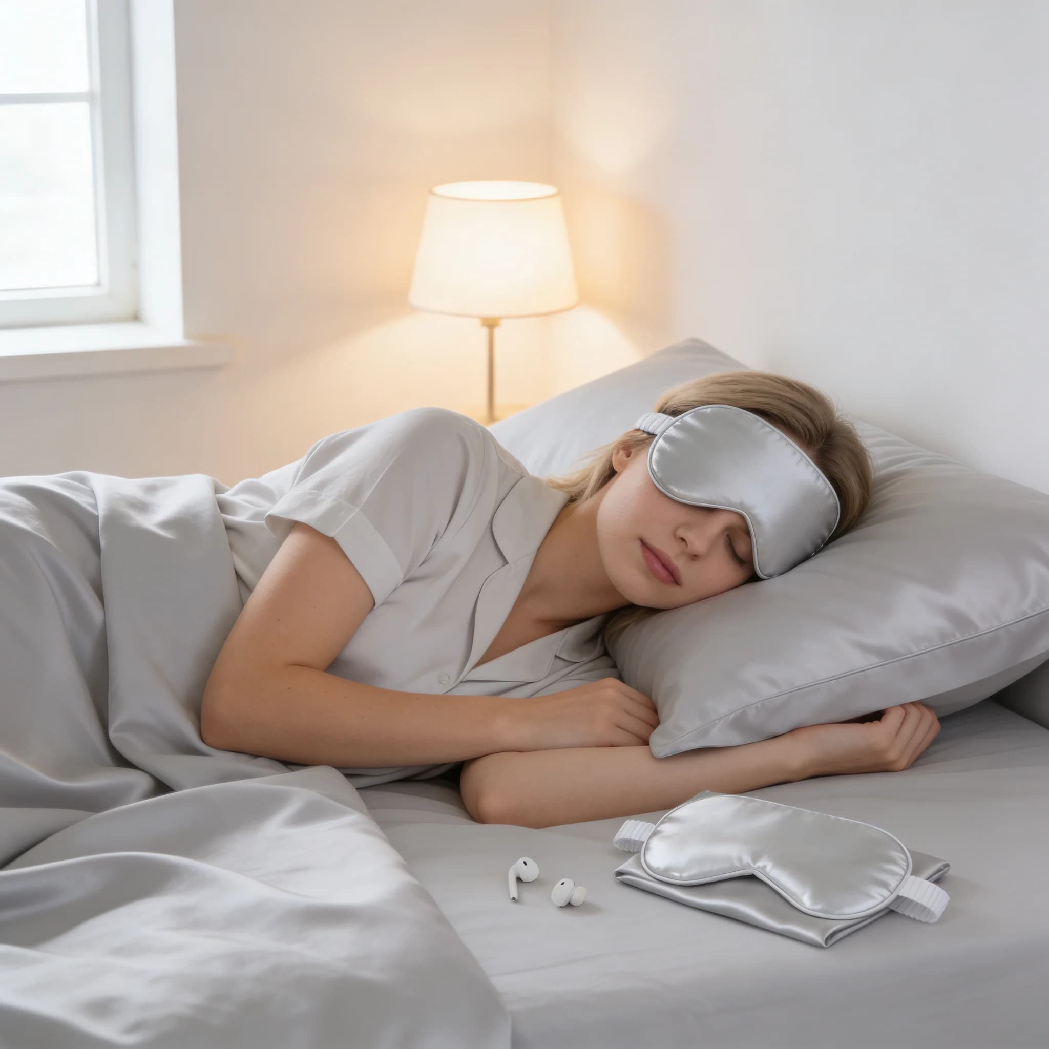 Maschera per dormire, imitazione seta, argento, per dormire in camera da letto, blocca la luce, morbida, unisex. Borsa portaoggetti gratuita.