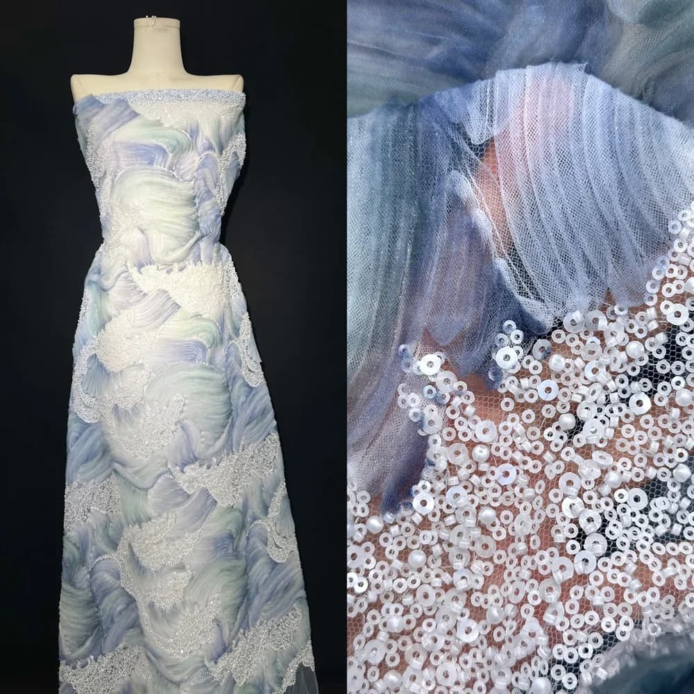 1 Yard Blue Textured Wave Lace Fabric with Pearl and Sequine Salmon 3D Coiled Applique for Ball Gown,Wedding Dress,Haute Couture