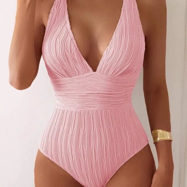 Nuovo Costume da Bagno Intero Estivo da Donna, Sexy e alla Moda, Monocolore con Scollo a V e Vita Alta