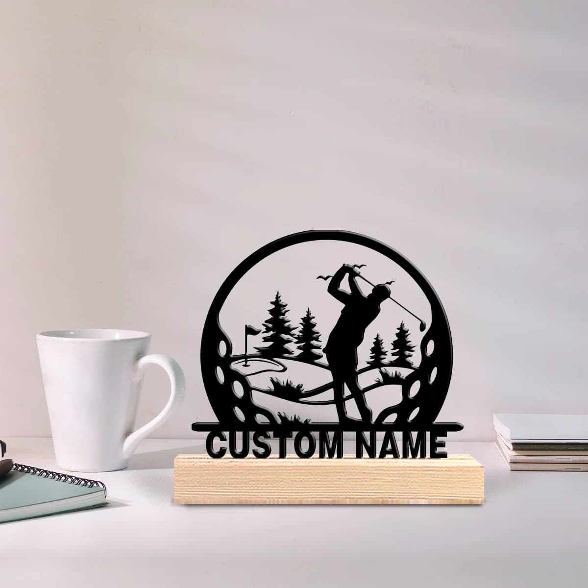Custom Metal Golf Statue with Wood Base, Table Decoration, Rustic Modern Style Entrance Furniture