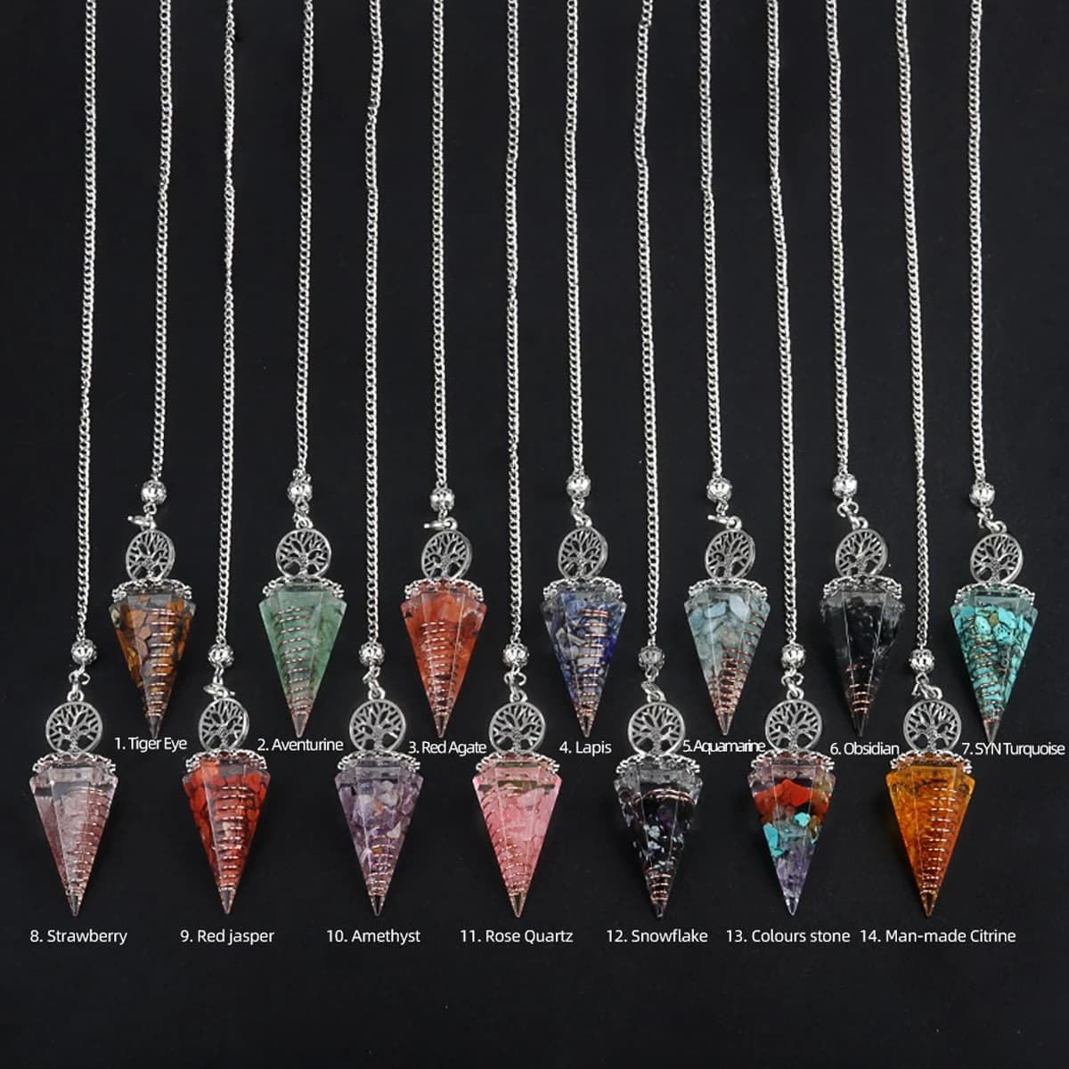 1pc Chakra Naturale Guarigione Cristallo Dowsing Pendolo Reiki Chip di Pietra Orgone Pendolo Pendolo Spirituel Albero della Vita Gioielli
