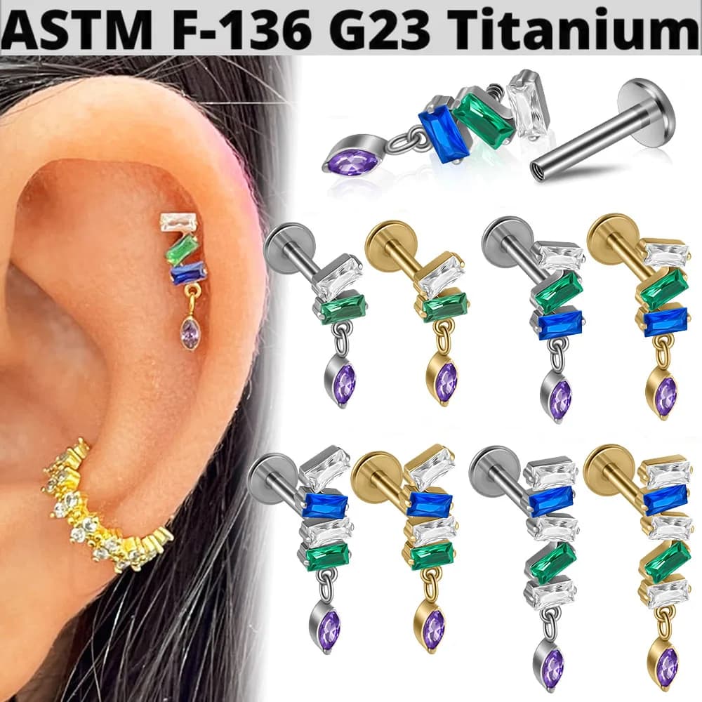 1PC G23 Titanium Dangle CZ Marquise Lip Studs Internal Thread Ear Helix Tragus Cartilage Helix Earrings Body Piercing Jewelry