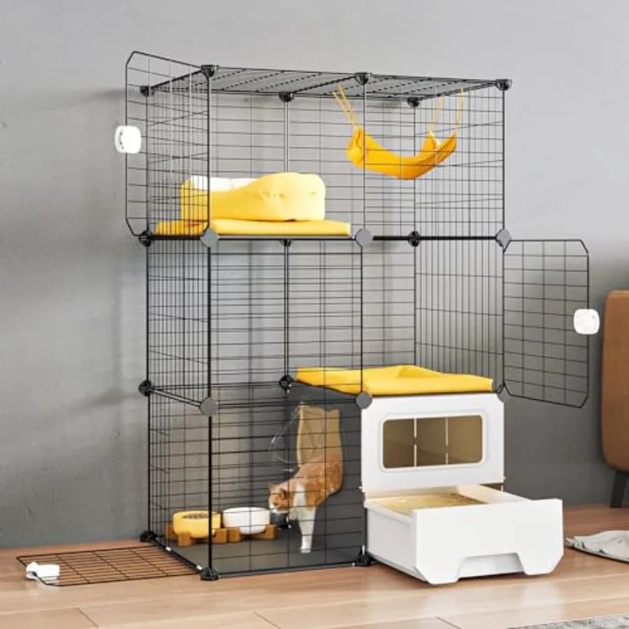 Indoor cat cage with litter box: 3-tier DIY metal wire playpen, detachable, large exercise space for 1-2 kittens, black powder-