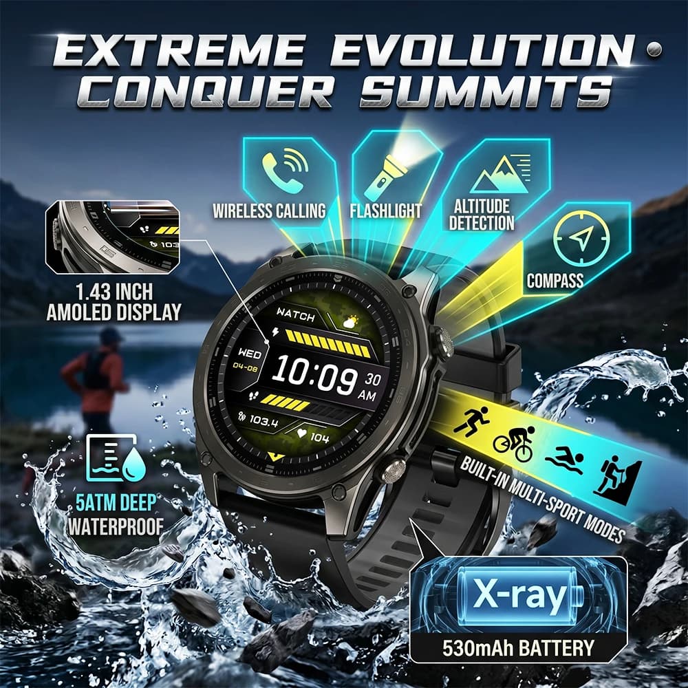 Nuovo Smartwatch Militare 2026 per Uomo, Display AMOLED 1.43", Chiamate Bluetooth, Bussola, Altimetro, Batteria 530mAh, Impermeabile 5ATM