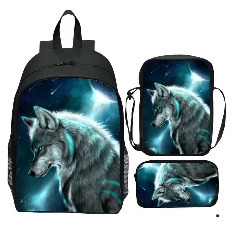 New printed cartoon wolf set backpack, animal college style backpack, small shoulder bag, pencil case