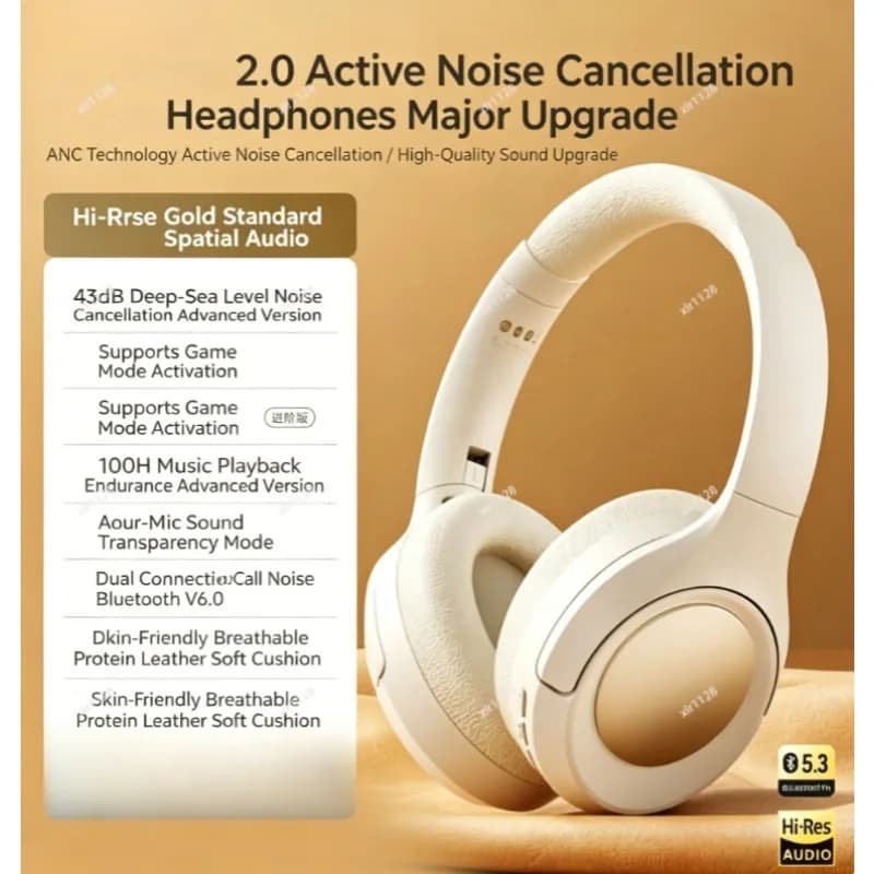 2.0 Active Noise Cancelling Over Ear Headphones Bluetooth Wireless Wired Gaming Headset