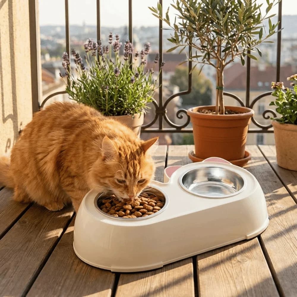 Stainless Steel Pet Double Bowls Non-Skid Base Plastic Cat Food Water Bowls No-Spill Detachable Pet Water Feeder Home Use