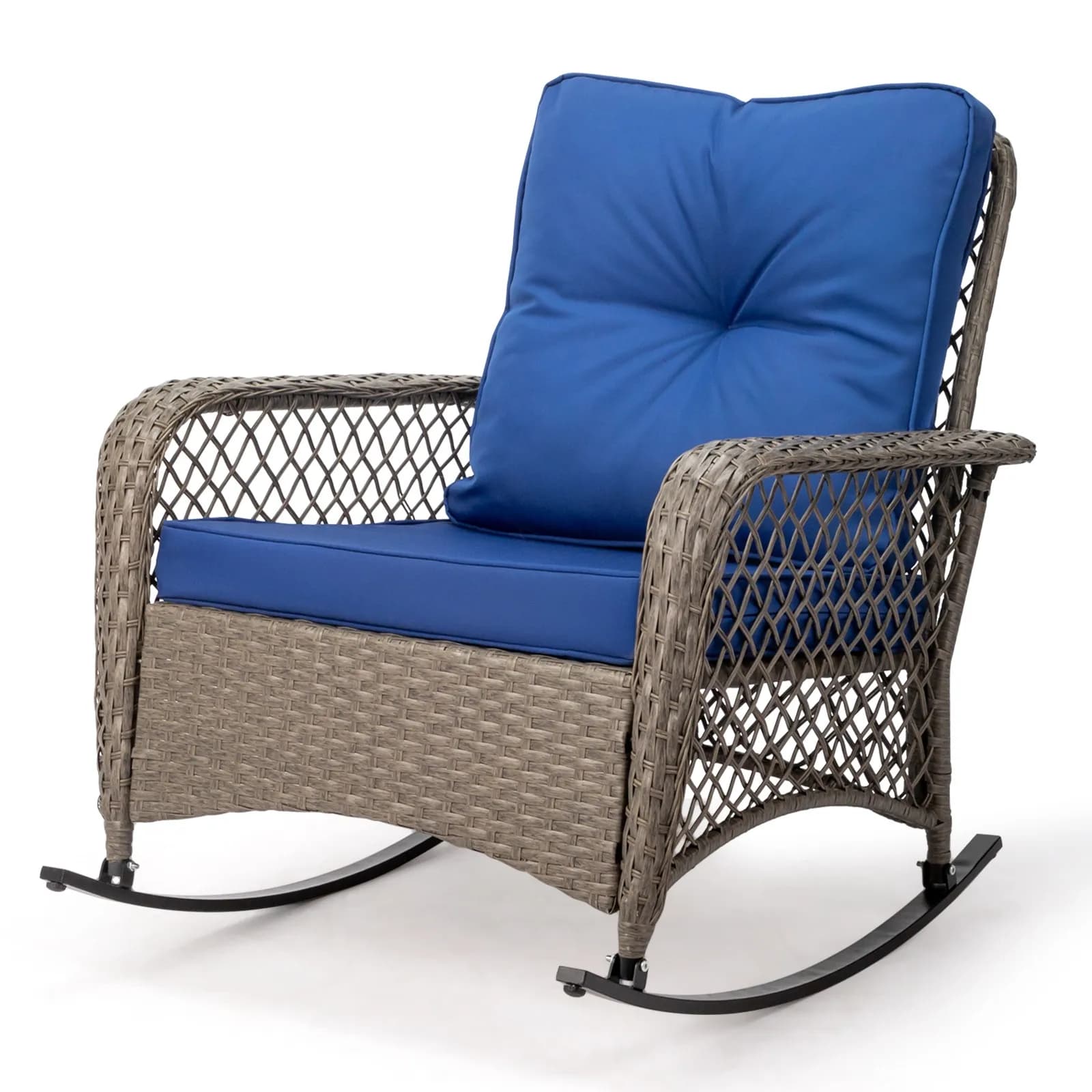 Garden chair in wicker/rattan for interior/exterior with blue cushion, weather resistant