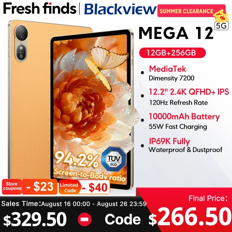 Blackview MEGA 12 Tablet 5G 12.2 "2.4K 120Hz Display Dimensity 7200 CPU IP69K Impermeabile 50MP Fotocamera 10000mAh Pad PC