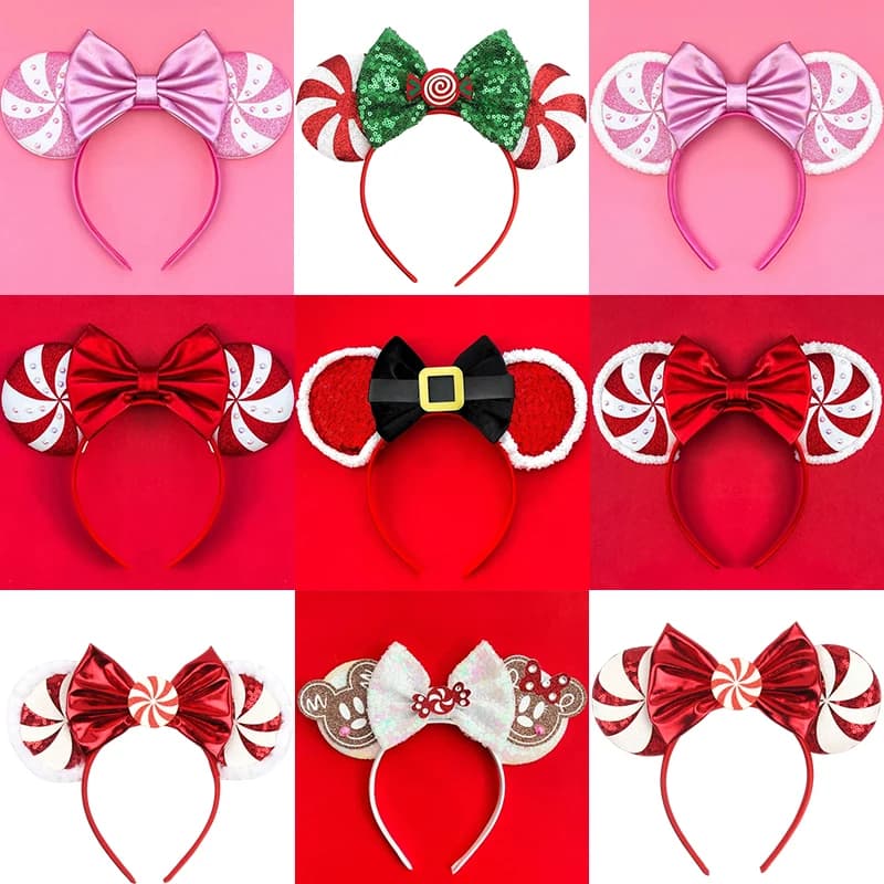 Fasce per capelli Disney Topolino Orecchio Lecca-lecca Fiocchi di bastoncino di zucchero Fascia natalizia per adulti Festa Bambini Donne Accessori per capelli in peluche