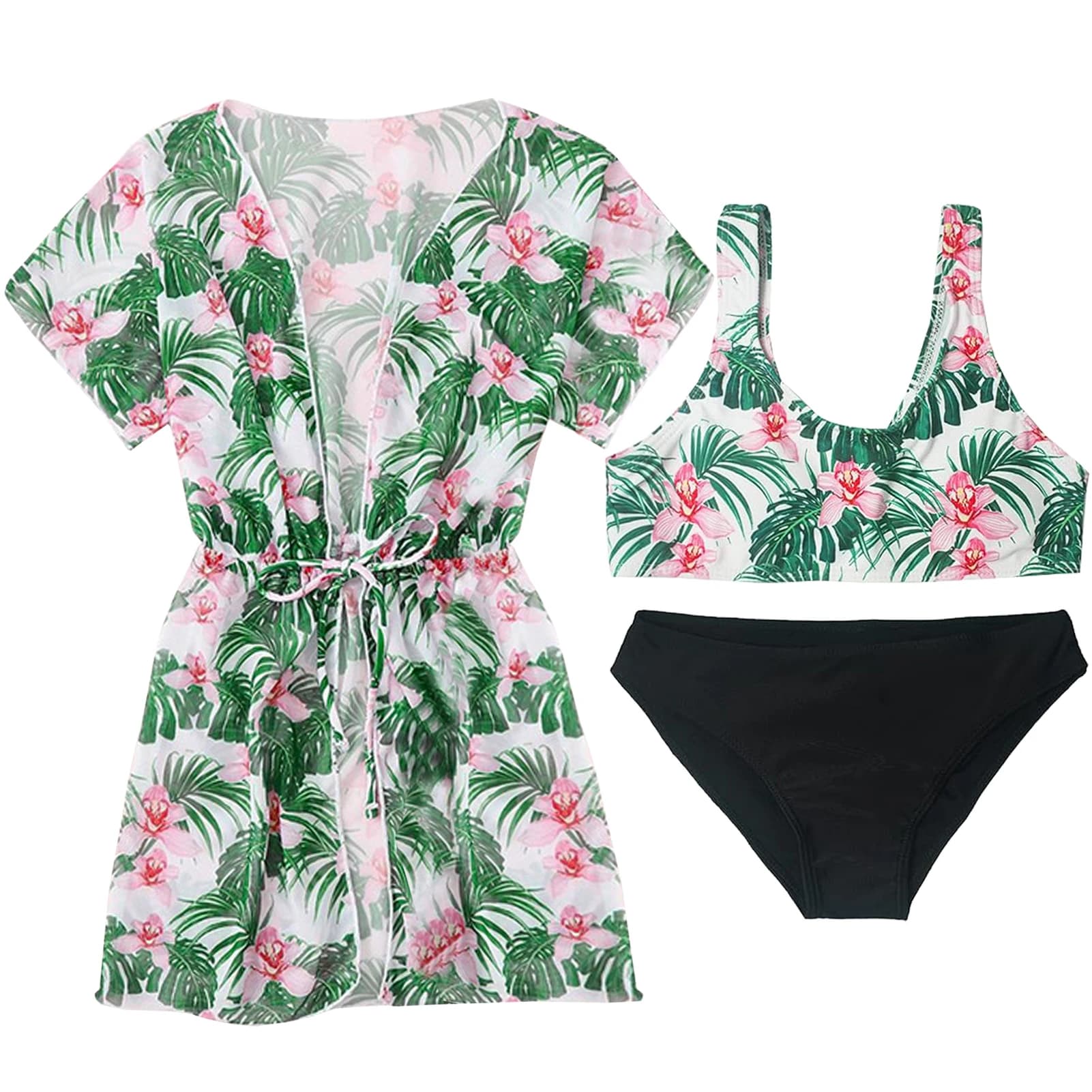 Bikini set for girls with tropical print, bath robe in 3 pieces + bikini bra + bath bottom, children's swimsuits with drawstring, light beach clothing