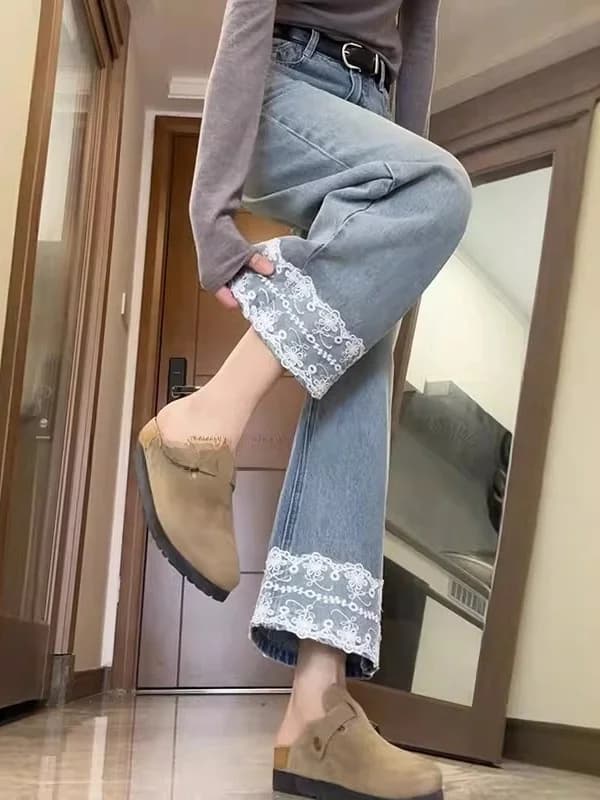 plus Size Lace Trim Denim Jeans Women's High Waist Wide Leg Pants Summer Slimming Loose Nine Point Straight Cut Trousers