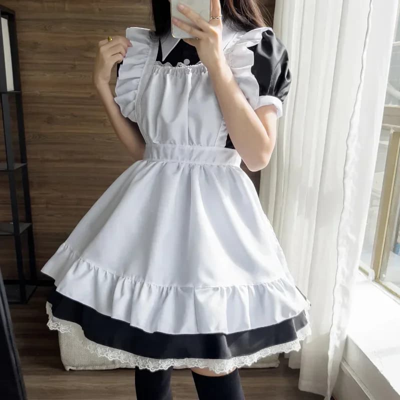 2026 New Large Size Maid Uniforms Women's Dress Knot Japanese Anime COSPLAY Courtyard Style Loose Waist Knitted Dress