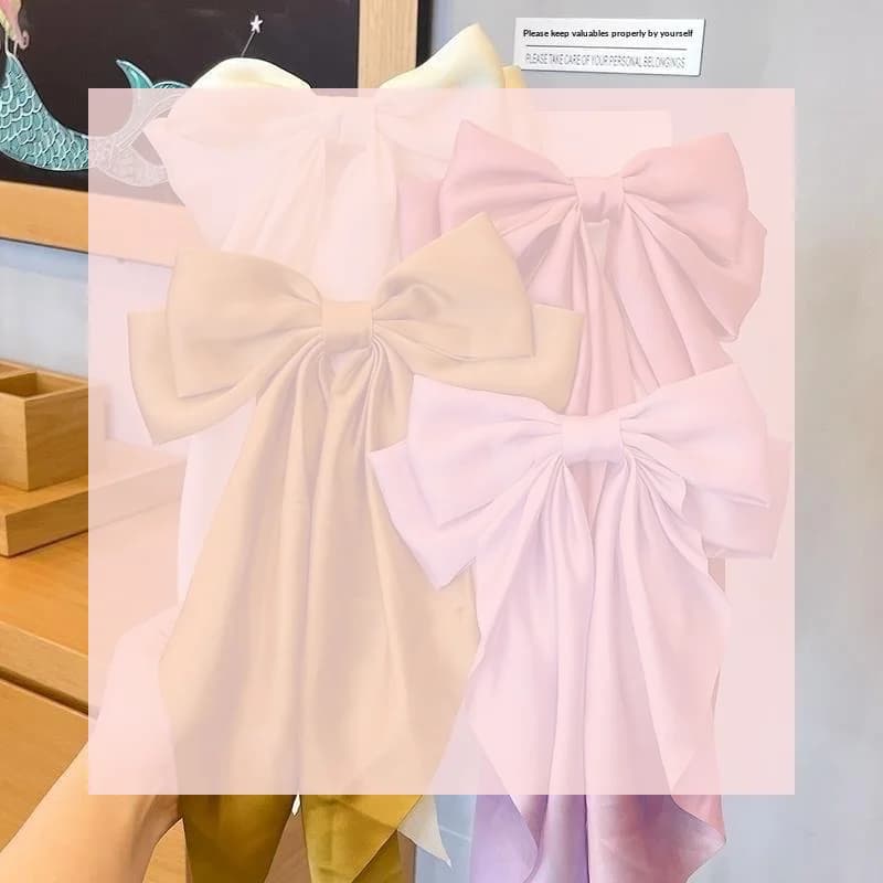 Ins Korean Satin Long Ribbon Big Bowknot Hair Clips Solid Color Summer Barrettes Sweet Hair Accessories For Women Daily Outfit