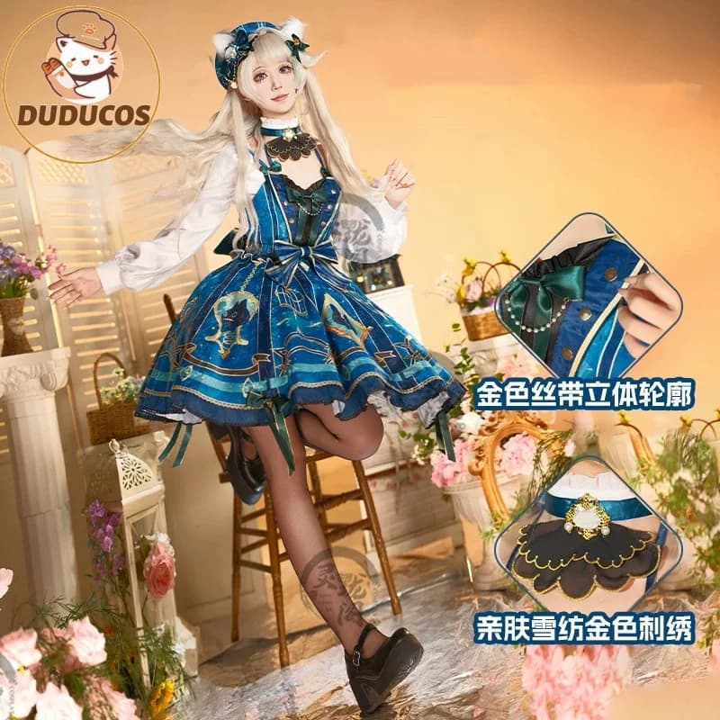 Costume Cosplay Genshin Impact Lynette con Parrucca, Vestito, Copricapo, Cappello, Borsa e Accessori Completi per Donne e Uomini, Fontaine, Halloween, Carnevale