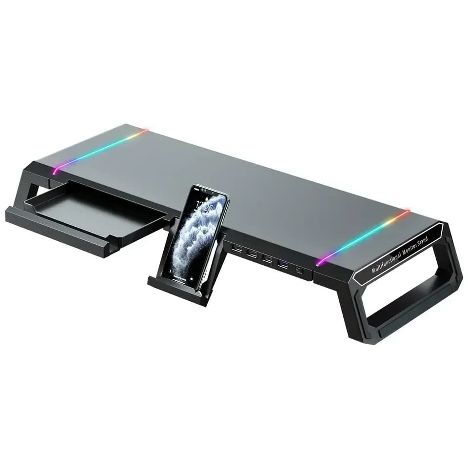 Vendita calda 4usb Supporto per monitor per PC Barra spaziale di archiviazione per tastiera Supporto per monitor per laptop in alluminio con ricarica rapida Usb3.0