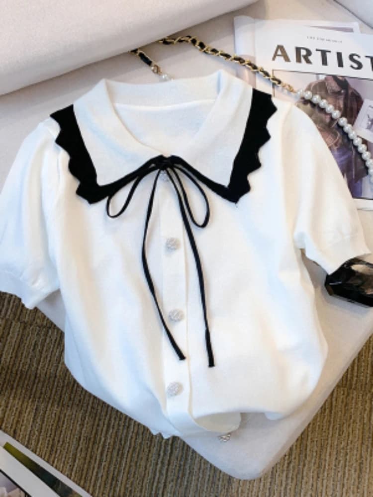 Women Knit Pullover 2026 Color Block Turn Down Collar Bow Tie Button Front Short Sleeve Sweater Casual Elegant Korean Style Top