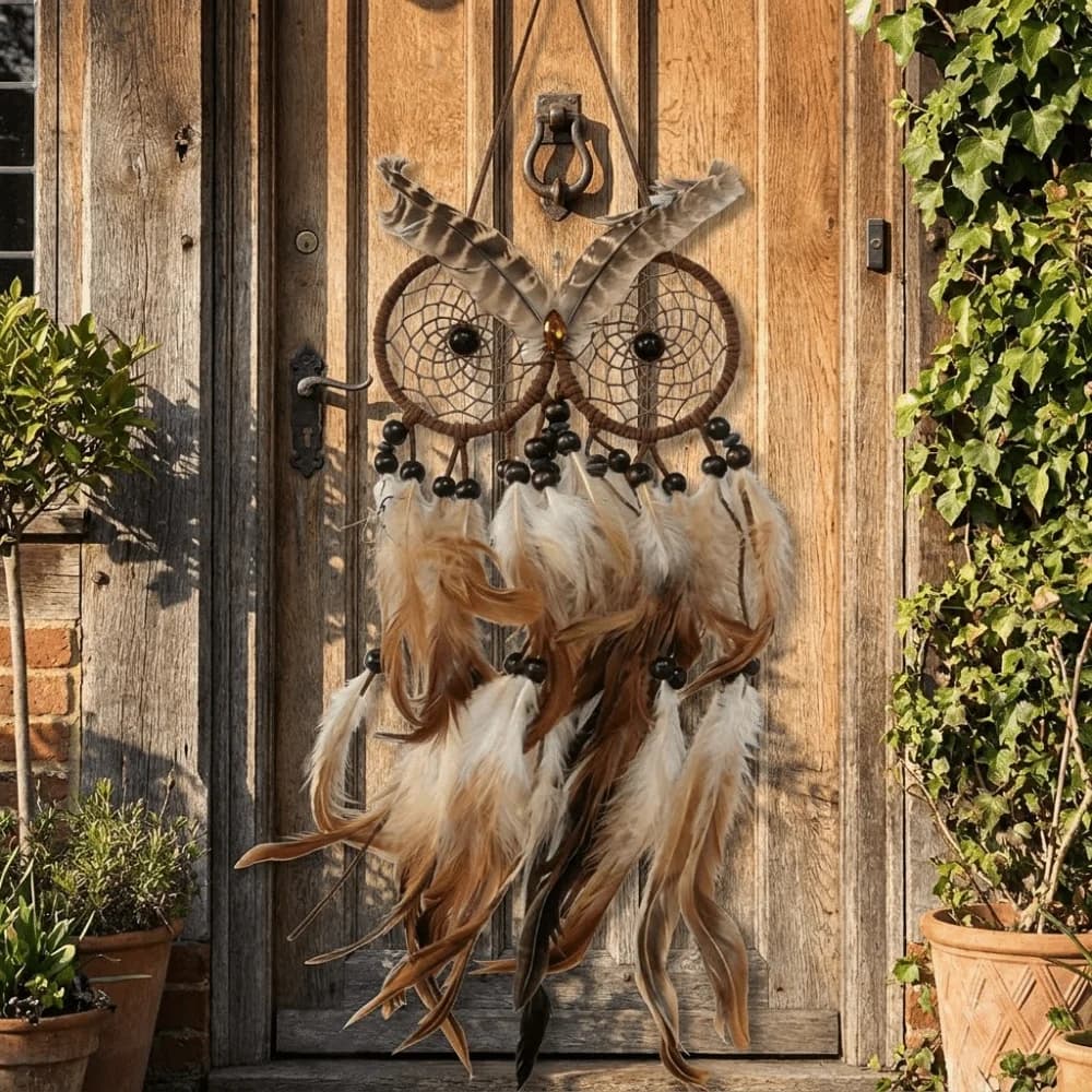 Spiritual Decor Owl Shaped Dream Catcher Handcrafted Brown Feathers Wind Chimes Circular Net Dreamcatcher Net Car Decoration