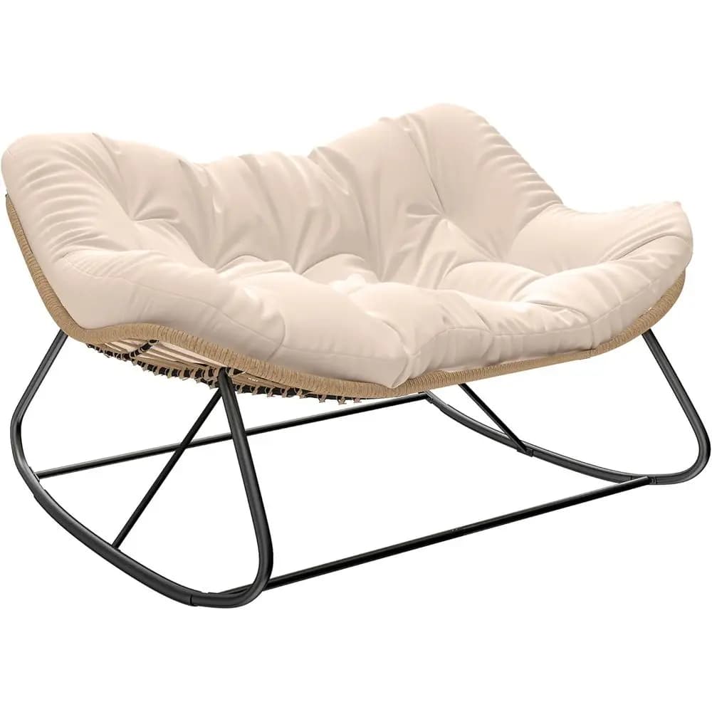 Sedia a dondolo Papasan in vimini oversize con cuscino, adatta per uso interno ed esterno, bianco crema