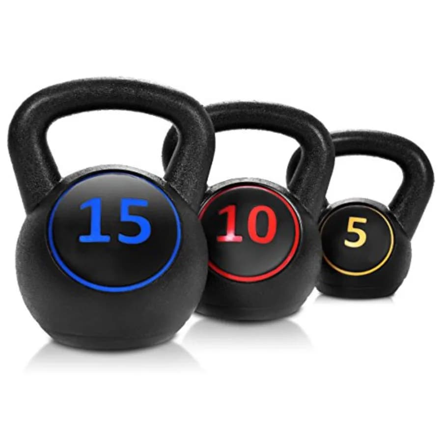 Set di 3 Kettlebell da 5/10/15 libbre per Allenamento di Forza e Condizionamento, Fitness e Cross-Training, in Materiale HDPE, Colore Nero D