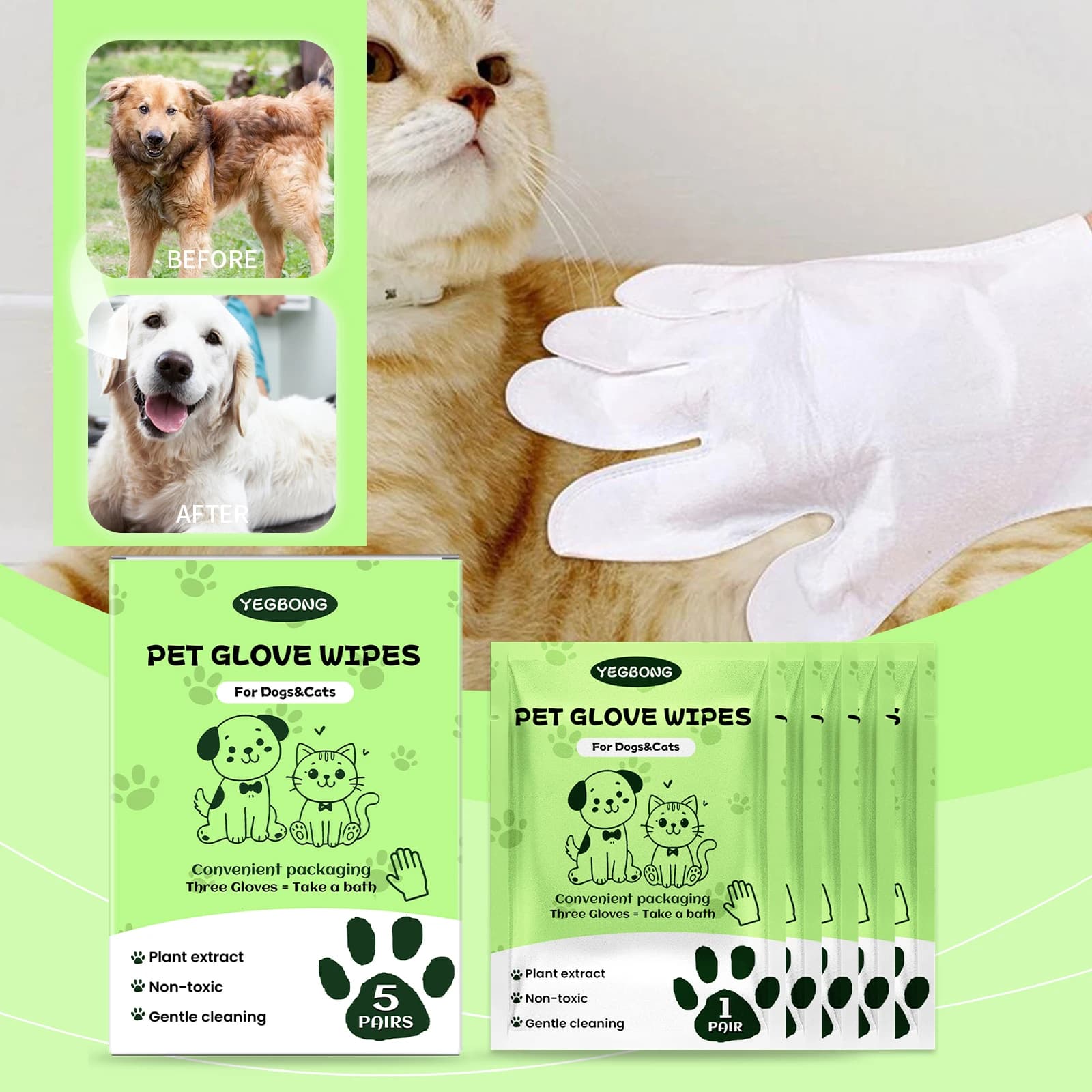 Pet Glove Wipes Disposable No-Rinse Grooming Quick Clean Pet Hair Deodorizing Soothing Skin Fresh Scent Dog Cat Cleaning Gloves