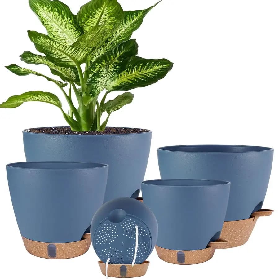 Interior and Exterior Plant Vases 10 9 8 7 6.5 Inch, Plastic Planter with Draining Holes and Water Level Indicator, Decorative