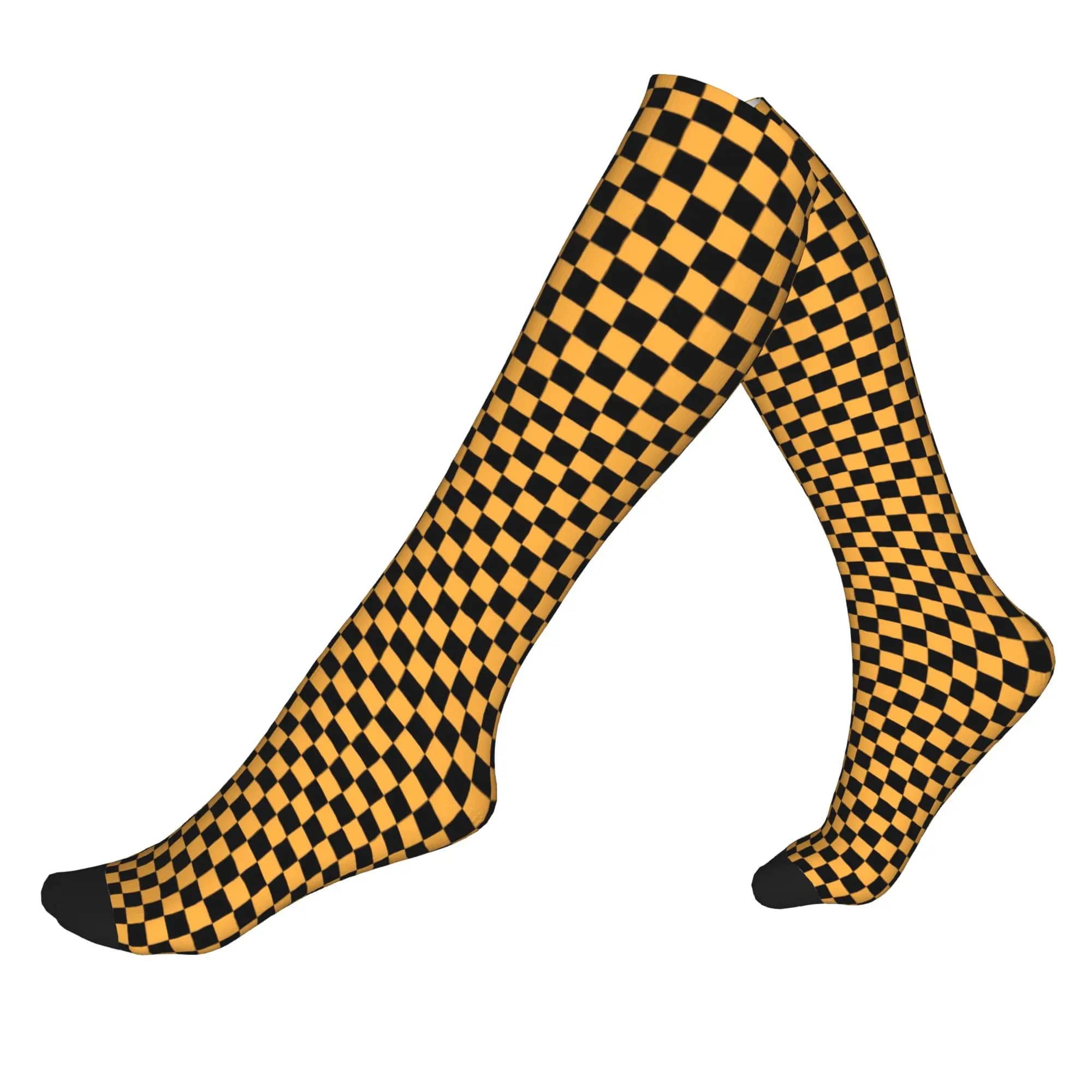 Calzini sportivi a compressione da uomo e da donna con motivo a scacchiera nero e arancione pastello, calzini unisex divertenti con stampa 3D