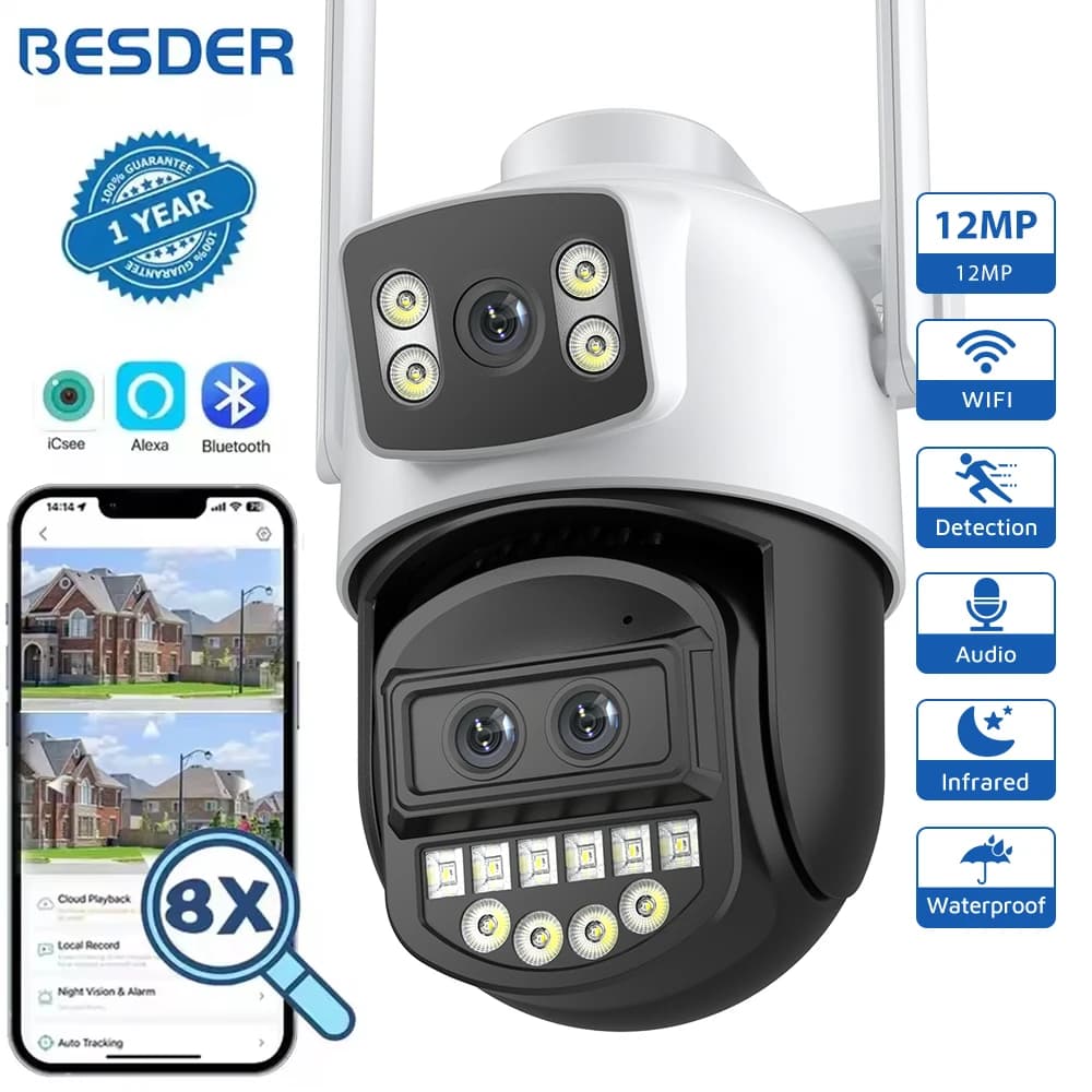 BESDER 12MP 6K PTZ Wifi Telecamera Dual Lens 8X Zoom digitale AI Rilevazione umana Telecamera IP CCTV esterna da 8MP Protezione di sicurezza iCSee