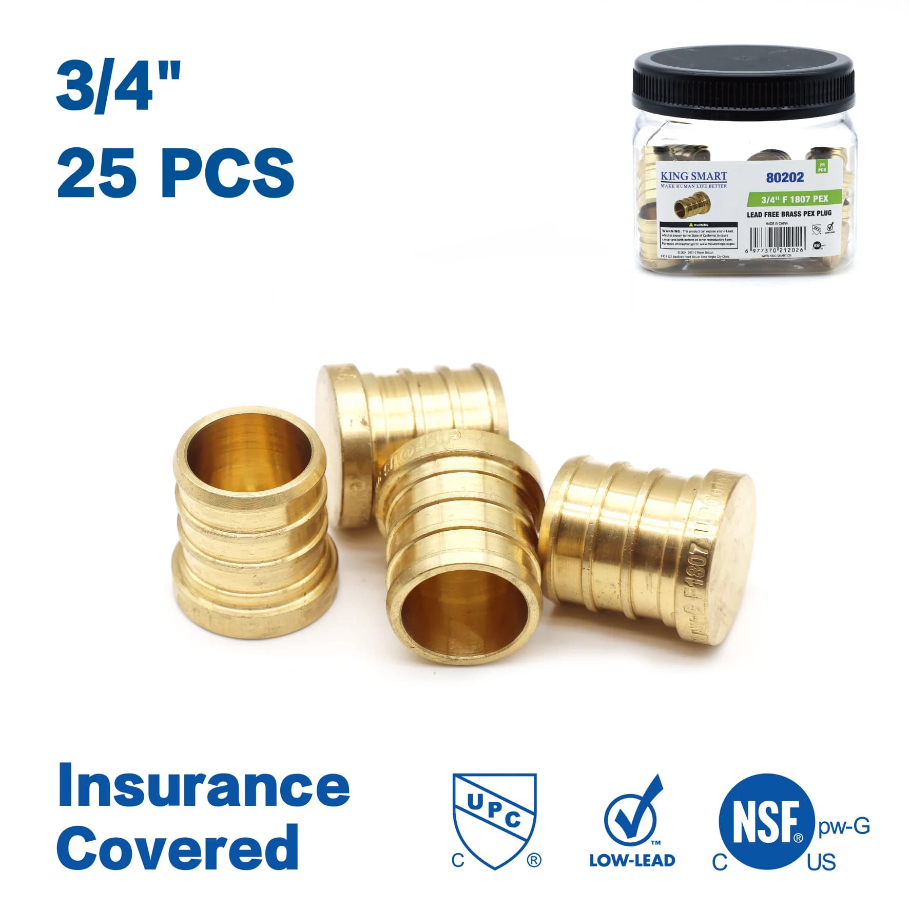 KING SMART PEX 3/4" Crimping cap; Suitable for installation PEX B/C pipes, PERT; Leadless brass; 25 Pieces/Confection; 80202