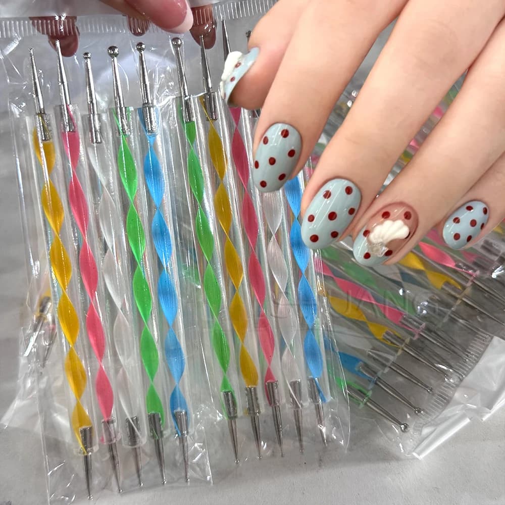 5 pz Polka Dots Nail Art Punteggiatura Penna Vite Filo Acrilico 2 Modi Strass Gemma Picker Penna Gel UV Graffiti Pittura ManicureTool