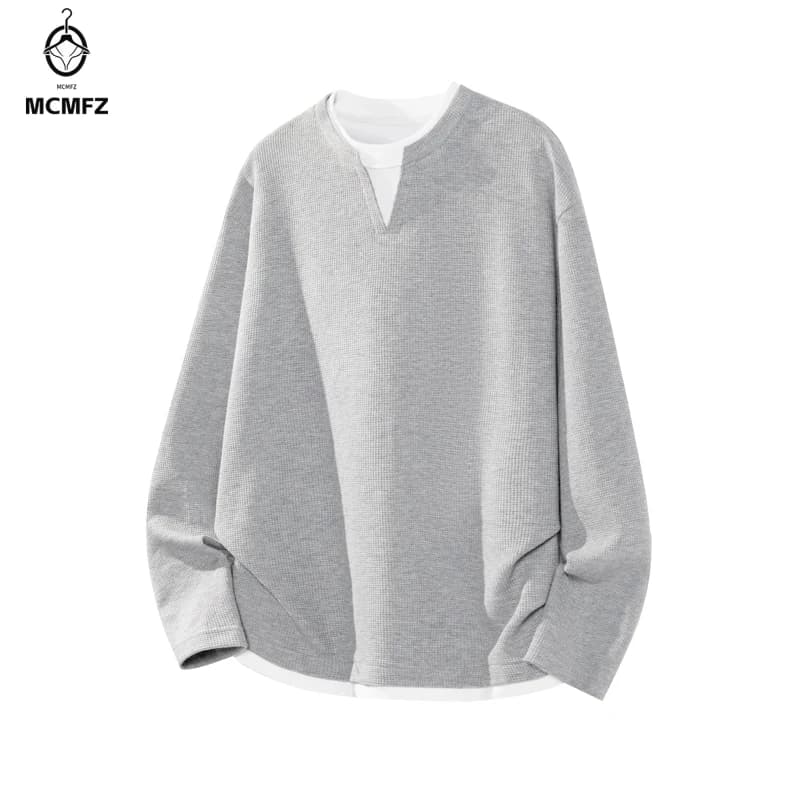 Urban Daily Long Sleeve Shirt Men Notch Neck Waffle Fabric Fake Two Piece Hem Trendy Design Versatile Casual Wear