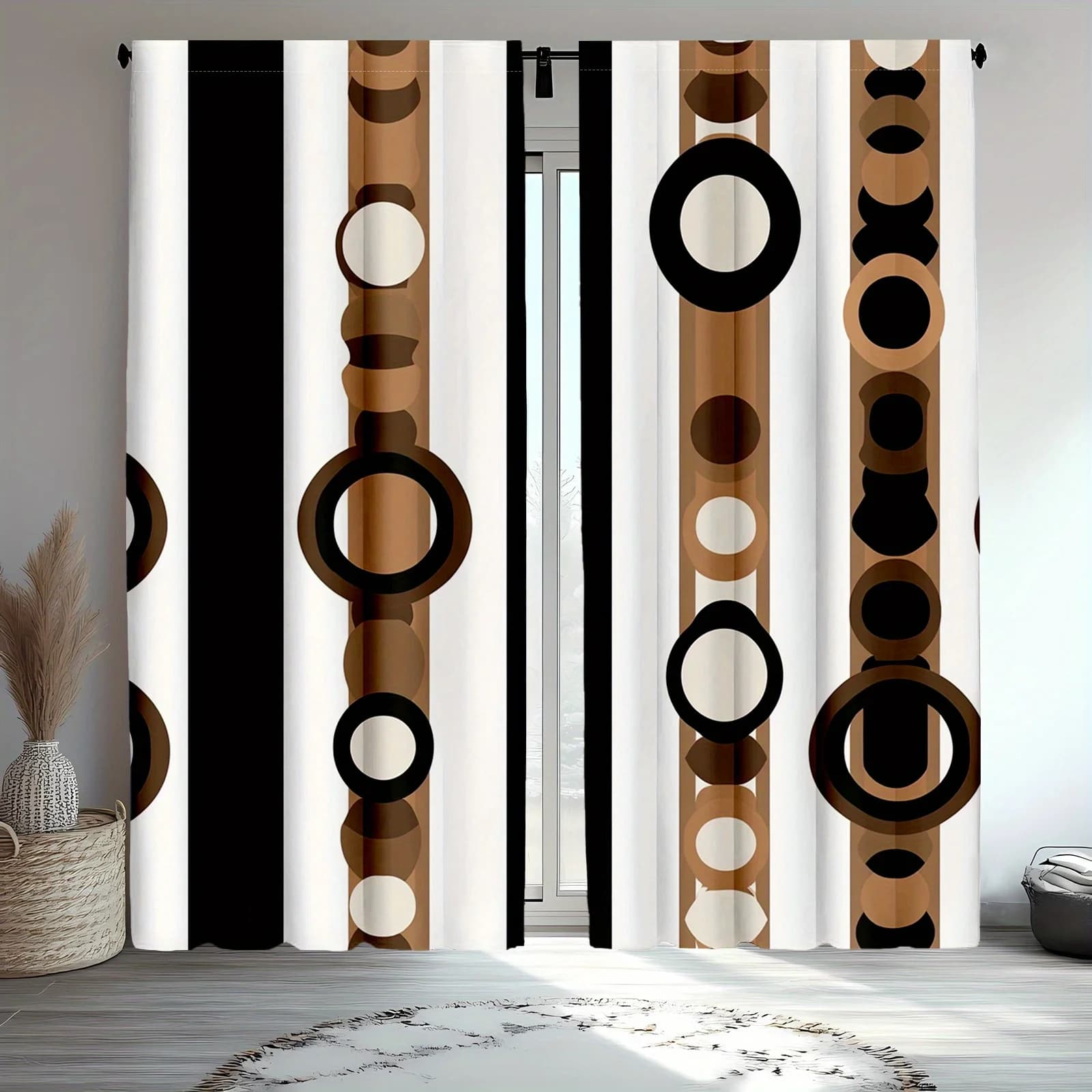 Contemporary Geometric Abstract Curtains Beige Brown Black White Circle Pattern Window Drapery Panels for Living Room Decor