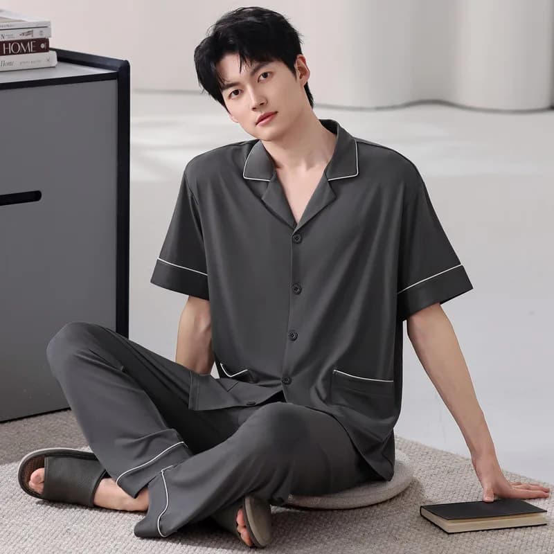 Summer Men Modal Pajamas 2pcs Set Short Sleeve Open Front Cardigan Long Pants Breathable Loose Fit Nightwear 2026 New Style