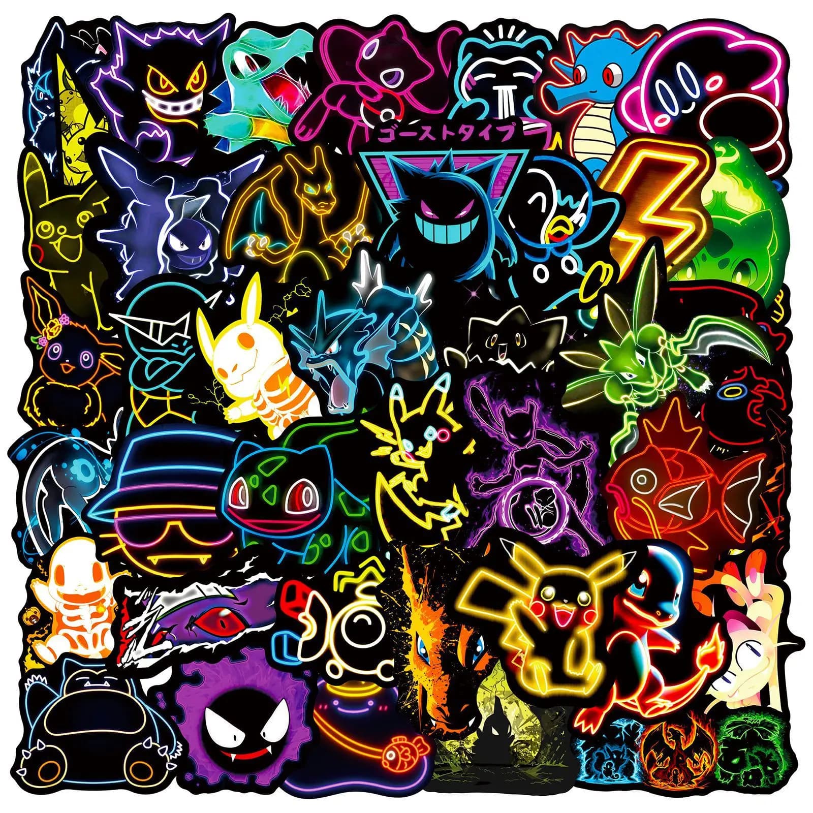 50 pieces Anime Neon Pokemon Stickers Pikachu Cartoon decals waterproof DIY phone skateboard laptop sticker cute cool for kids toy