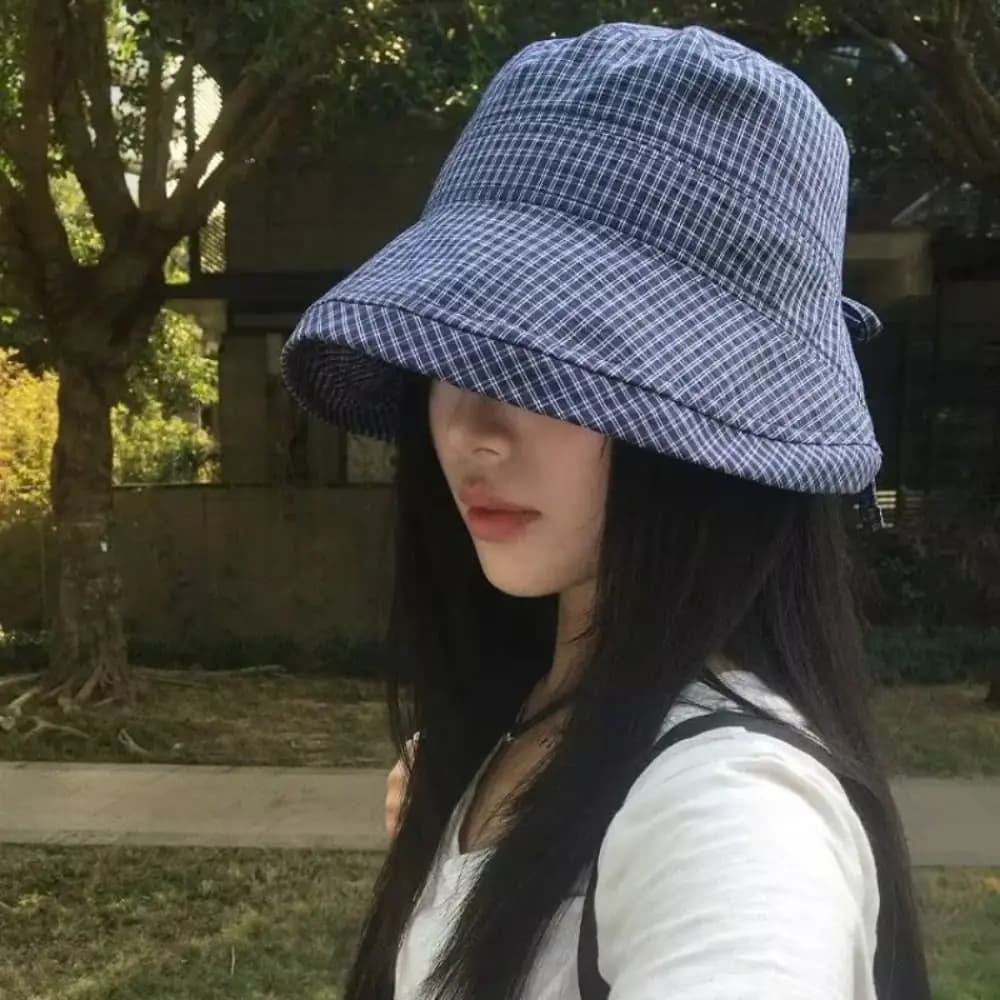 Cappello da pescatore giapponese estivo a quadri, ad asciugatura rapida, con bordo arricciato, pieghevole, con fiocco, per esterni