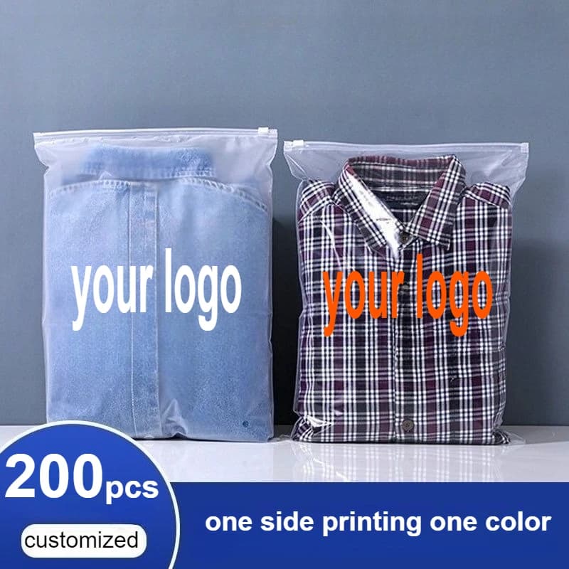 Sacchetti con cerniera trasparenti in plastica con logo personalizzato gratuito da 200 pezzi, stampa su un lato monocolore, sacchetto per imballaggio di abbigliamento