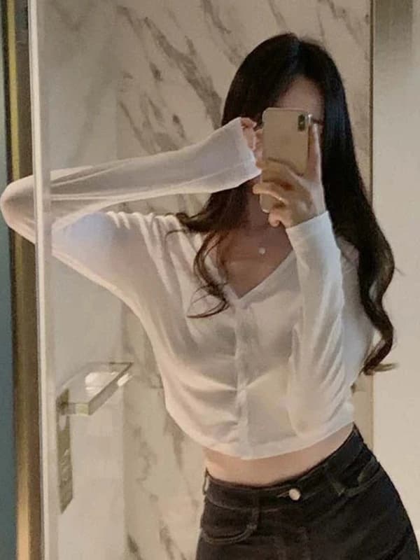 East Gate New Style Thin Short Sleeveless Women's T-shirt Breathable Long Sleeve Micro Transparent Design Casual Cotton Top