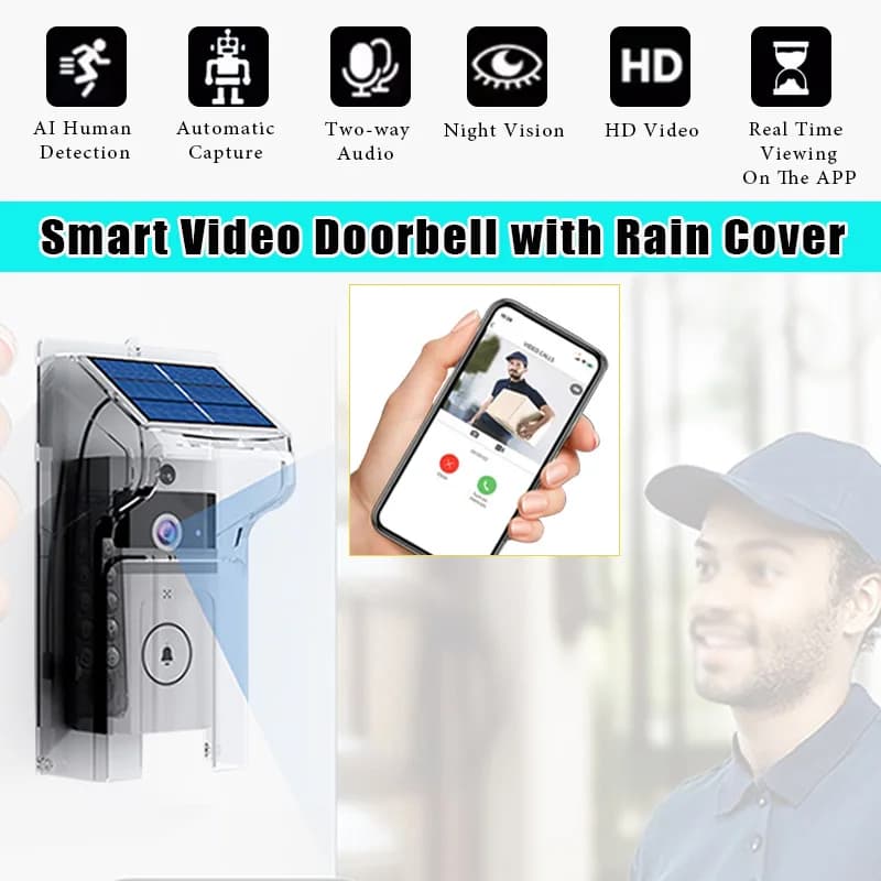 Campanello wireless esterno con fotocamera con copertura solare App mobile Videocitofono di sorveglianza domestica con telecomando WiFi wireless