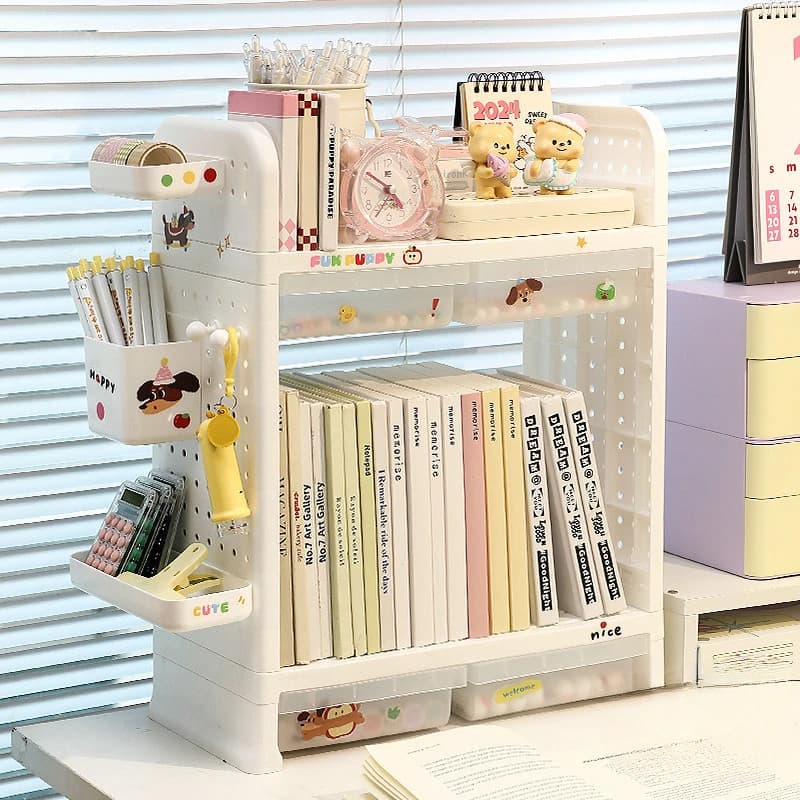 Large Capacity Drilled Panel Rack with 4 Drawers Storage Box Table Cosmetic Shelf for Office Books for Students
