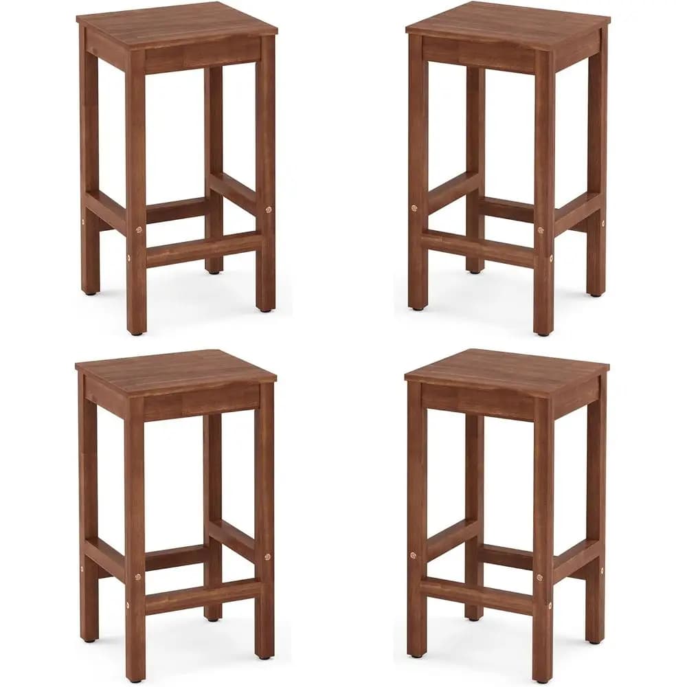Set di 4 Sgabelli da Bar in Legno di Acacia con Poggiapiedi, Adatti per Isola Cucina, Sala da Pranzo e Bancone Bar, Teak Br
