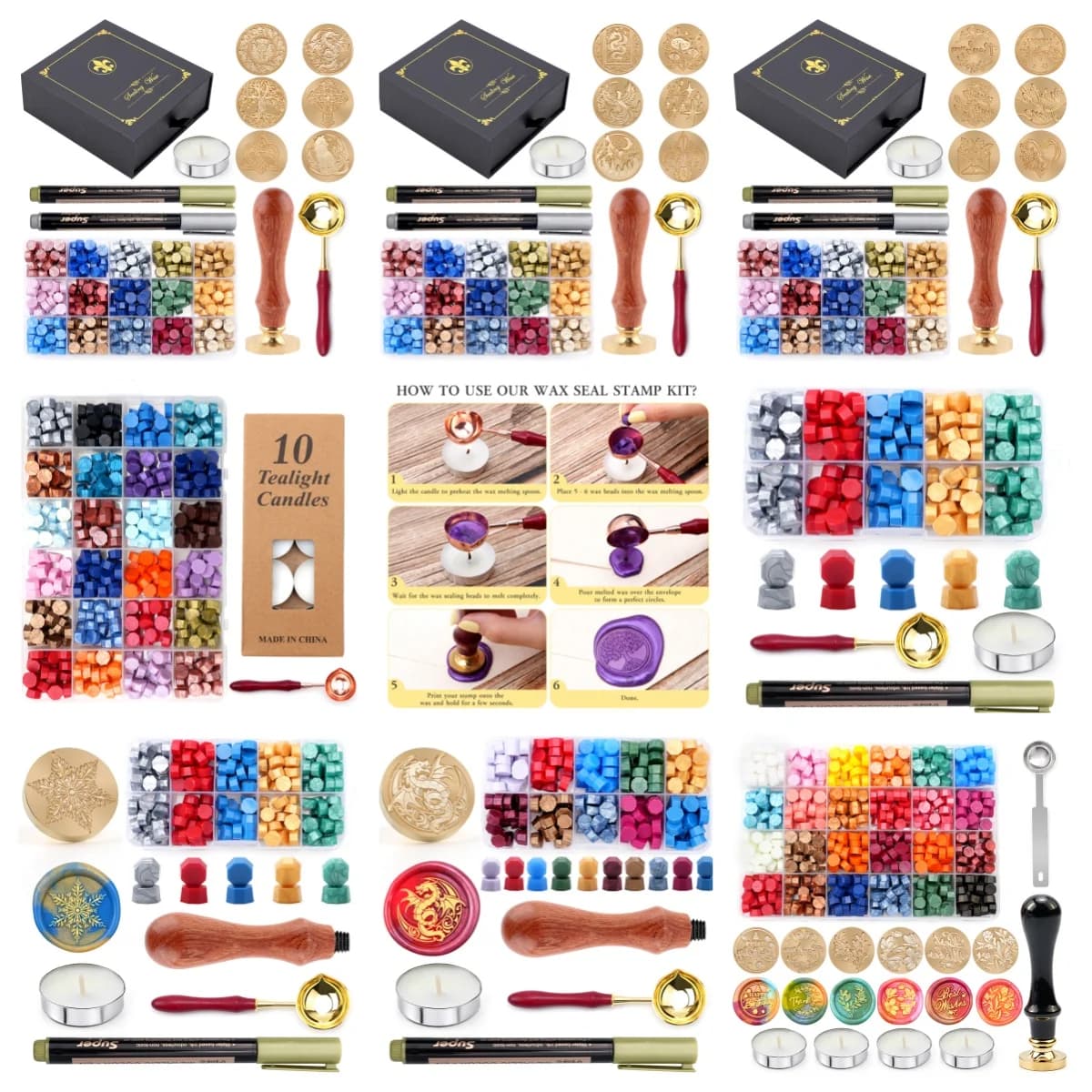 Sealing Wax Beads Kit Colorful Wax Seal Beads with Storage Box Wooden Handle Wax Melting Spoon for DIY Scrapbooking Envelope