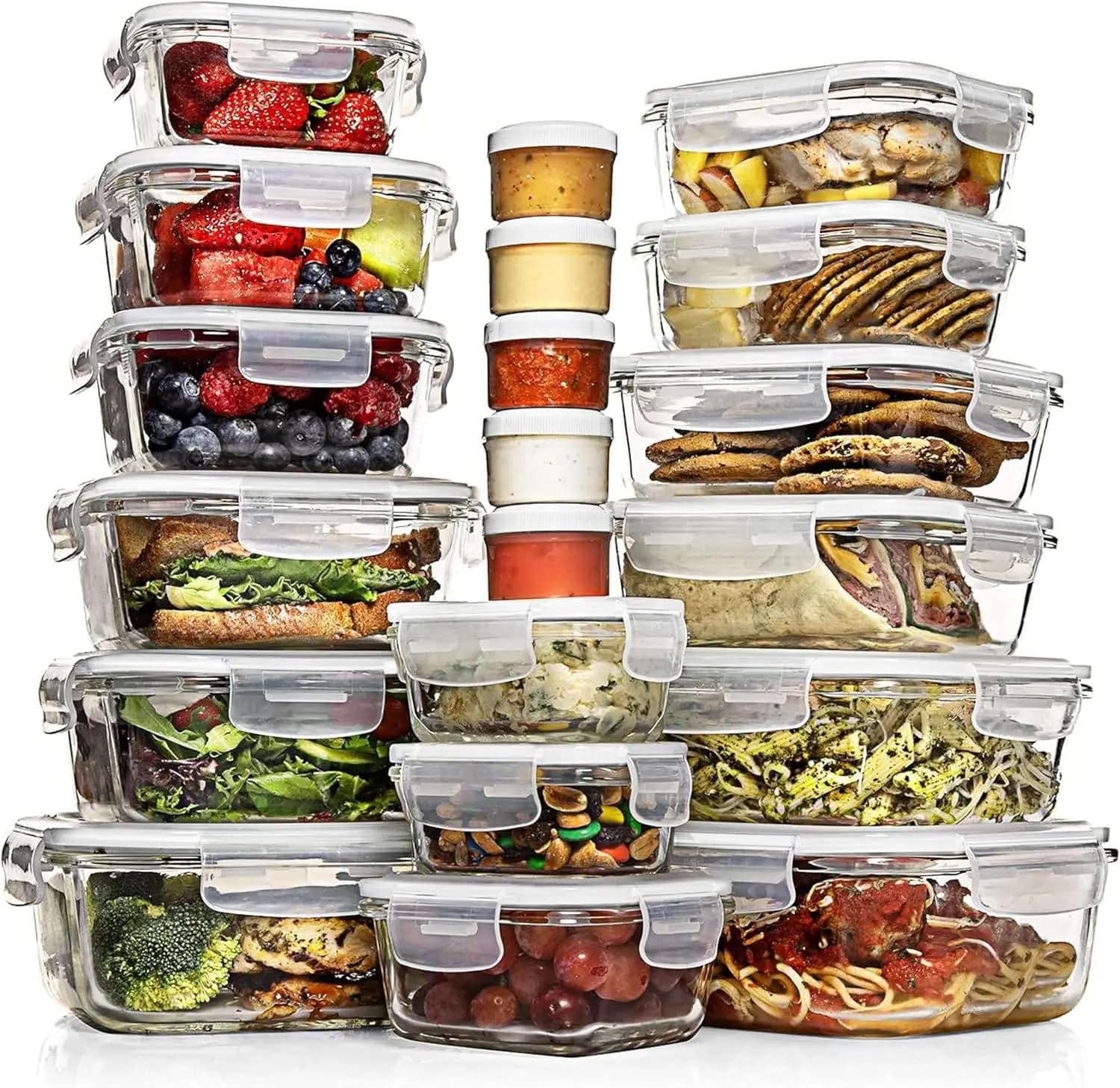 Set di 35 Contenitori in Vetro per Alimenti con Coperchi Ermetici - Senza BPA, a Prova di Perdite, Adatti a Microonde e Lavastoviglie per Preparazione Pasti