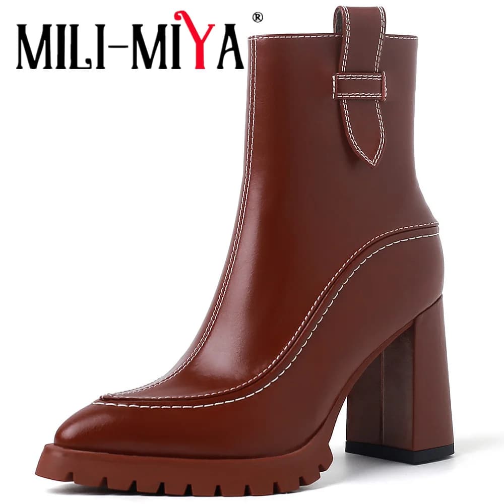 MILI-MIYA Stivaletti corti a punta in vera pelle Donna Nuovi tacchi alti quadrati Autunno Inverno Scarpe eleganti fatte a mano in stile britannico