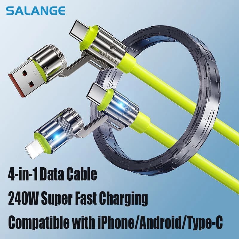 Cavo dati di ricarica super veloce 4 in 1 da 240 W Doppio tipo C + Lightning + Porte USB Cavo di ricarica per telefono per iPhone Samsung Huawei Xiaomi